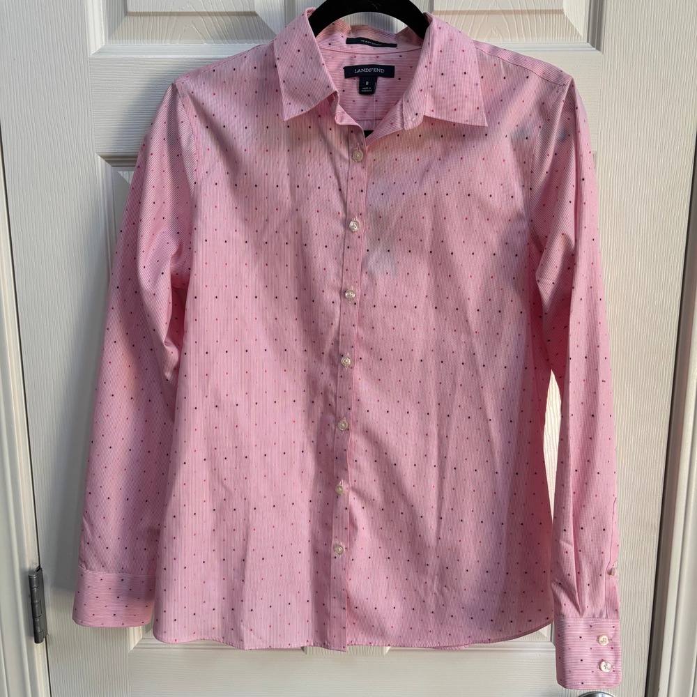 Lands End Lighthouse Womens NWT Cotton Pink Striped Polka Dot Button Shirt‎ 8